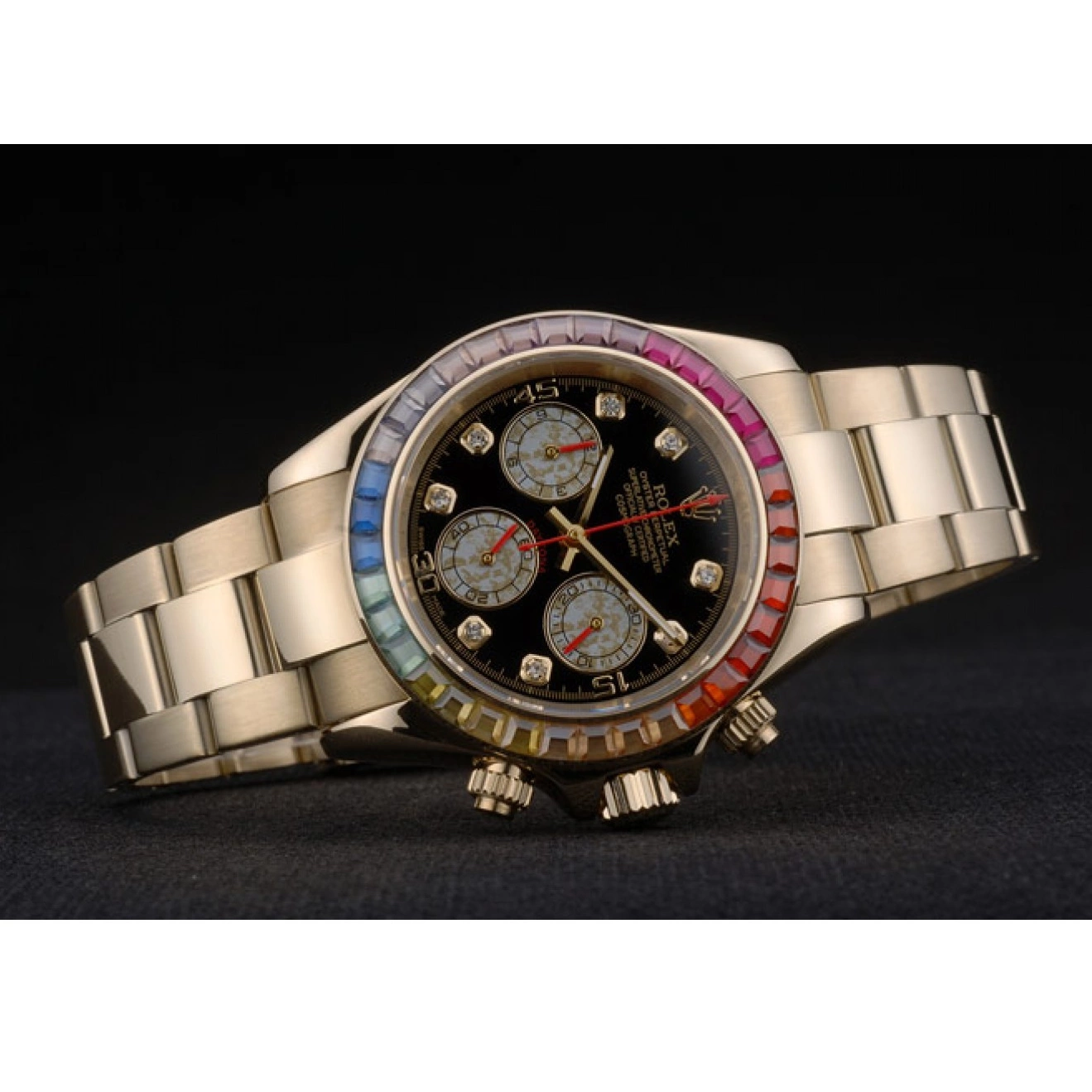 MiroTime 0719 Rolex Daytona Cosmograph Rainbow Crystals Bezel Rose Gold Strap Black Dial 80251
